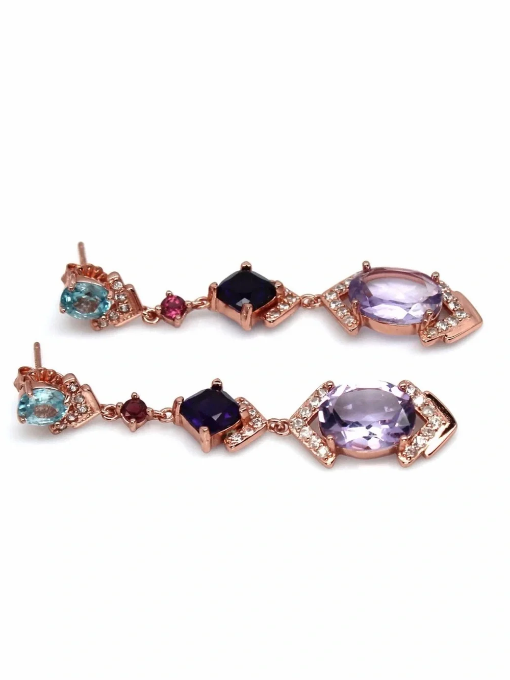 STUNNING! Natural Amethyst, Garnet, Topaz Dangle Earrings 14K Rose Gold over SS